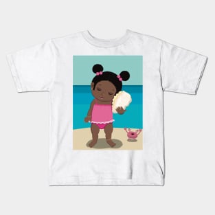 Vacation mood on - cute little dark girl having a quiet moment on the beach listening to the sound of a seashell, lighter ,no text Kids T-Shirt